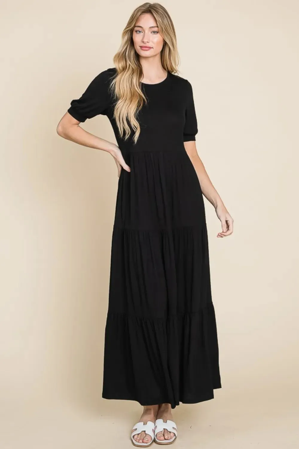 BOMBOM Short Sleeve Tiered Maxi Dress sold by Gigi Laurent