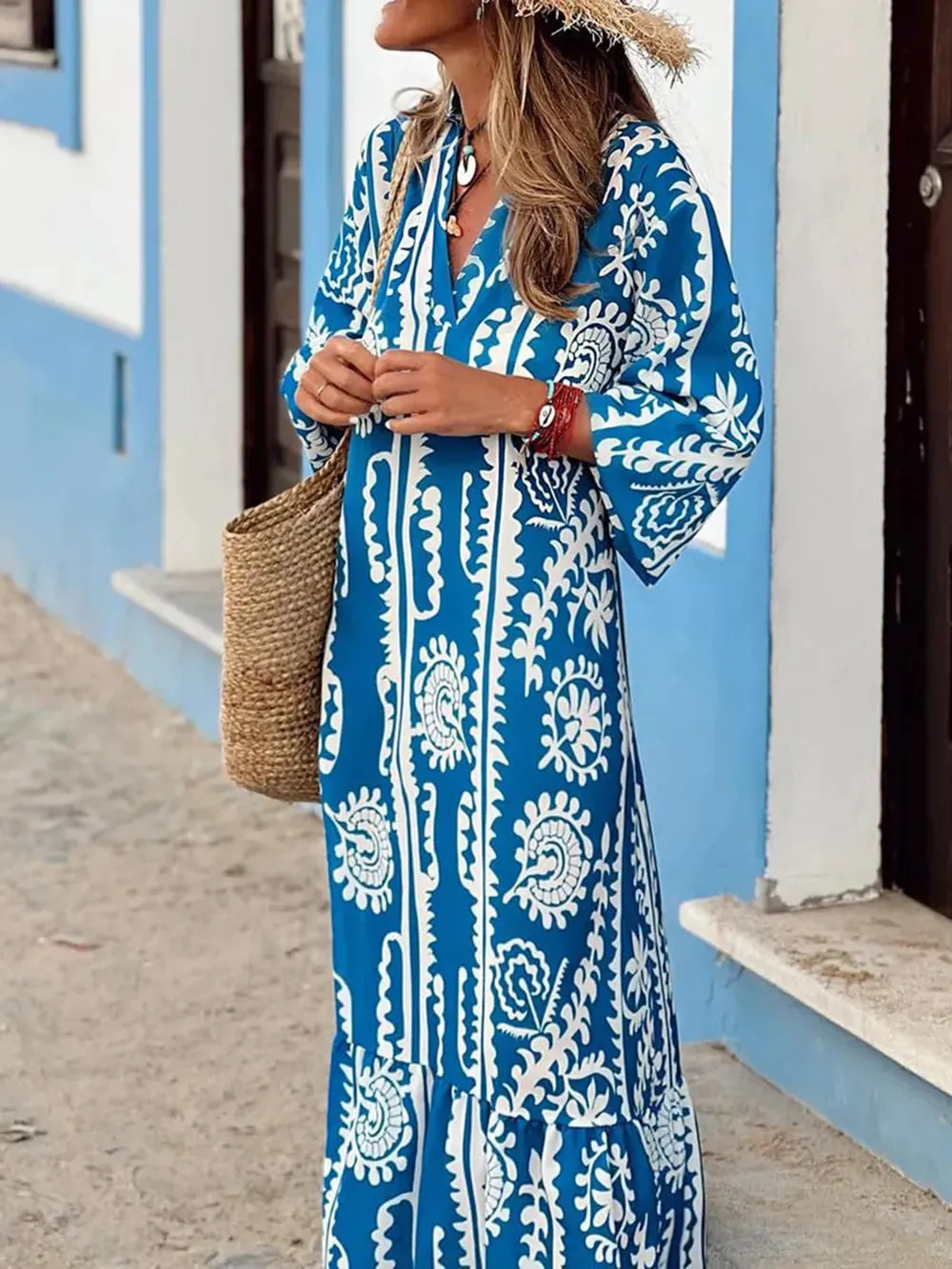Printed Notched Half Sleeve Maxi Dress sold by Gigi Laurent