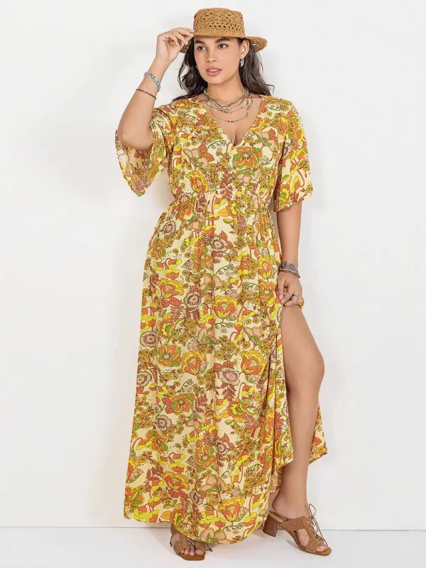 Floral V-Neck Short Sleeve Slit Dress sold by Gigi Laurent
