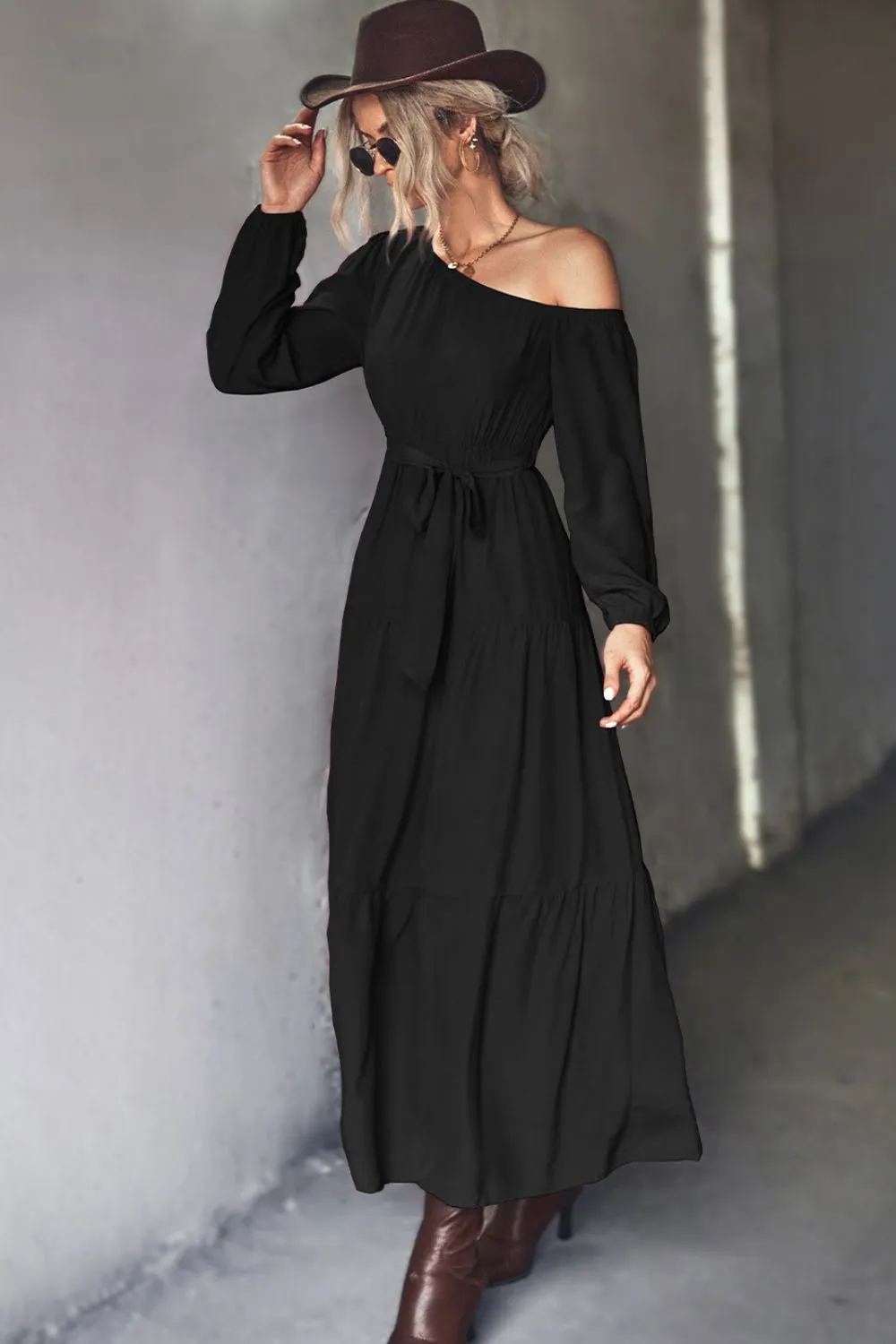 Belted One-Shoulder Tiered Maxi Dress sold by Gigi Laurent product image thumbnail 2