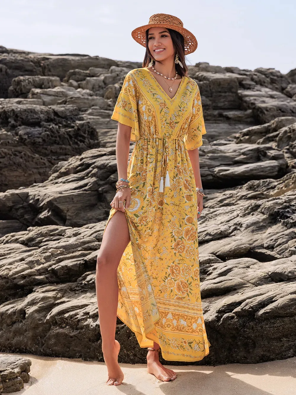 Drawstring Printed Plunge Half Sleeve Dress sold by Gigi Laurent