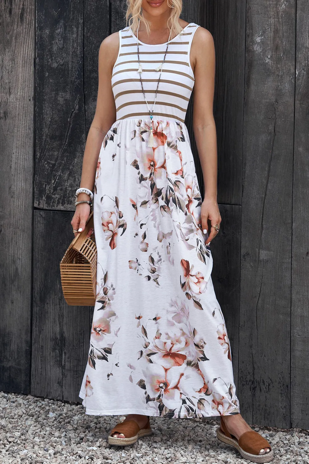 Striped Floral Round Neck Sleeveless Maxi Dress sold by Gigi Laurent
