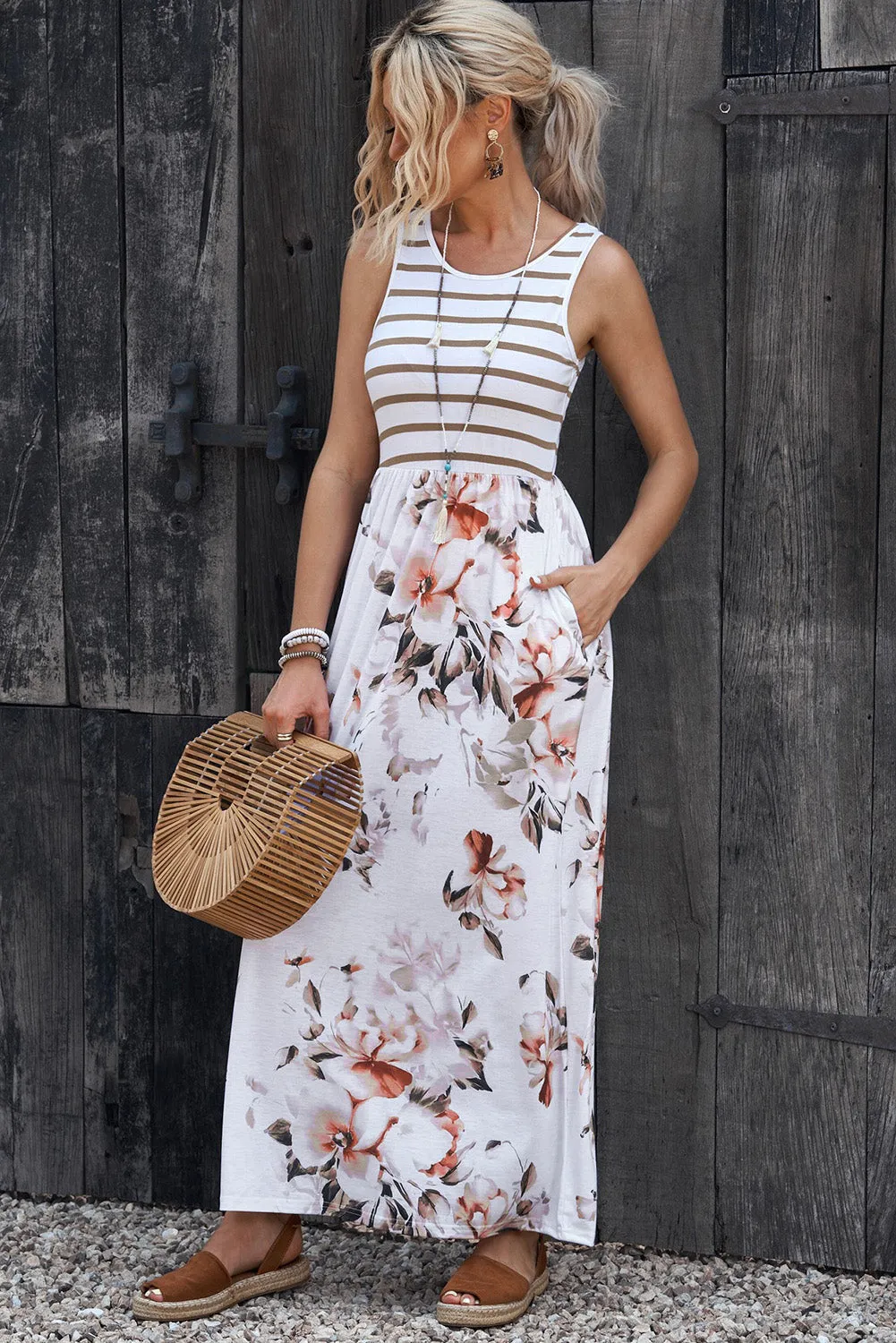 Striped Floral Round Neck Sleeveless Maxi Dress sold by Gigi Laurent product image thumbnail 3