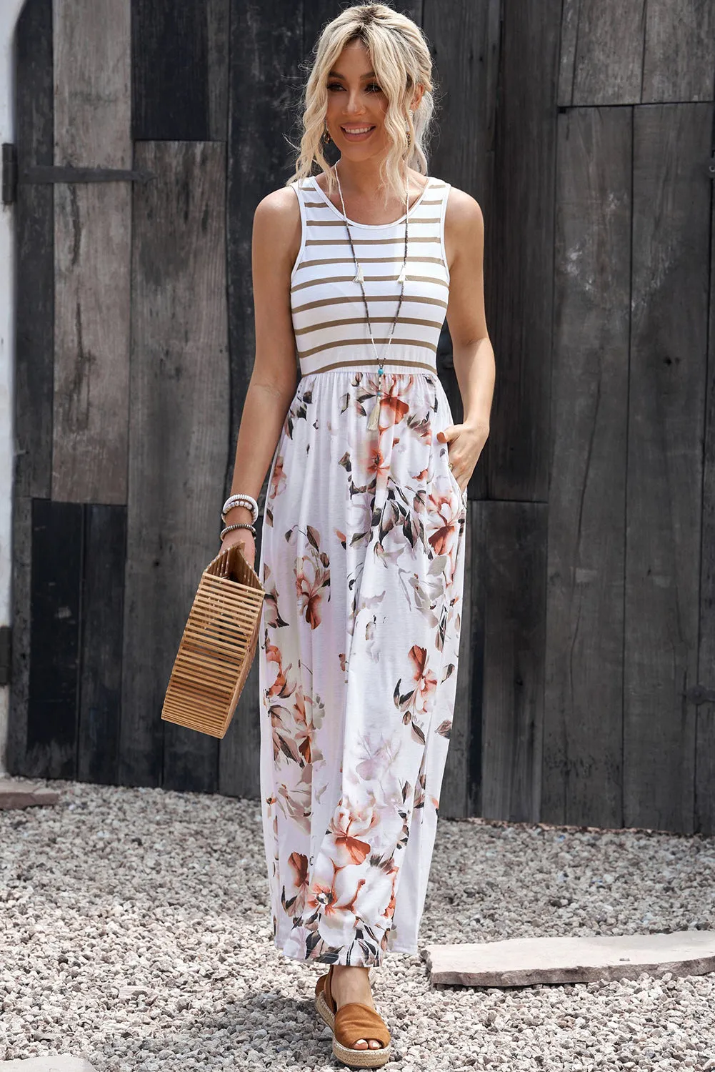 Striped Floral Round Neck Sleeveless Maxi Dress sold by Gigi Laurent product image thumbnail 5