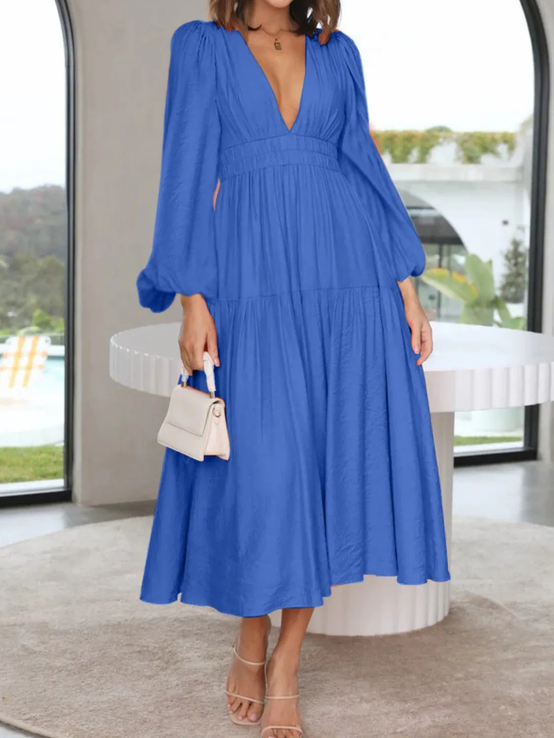 Deep V-Neck Balloon Sleeve Plain Maxi Dress sold by Gigi Laurent product image thumbnail 4