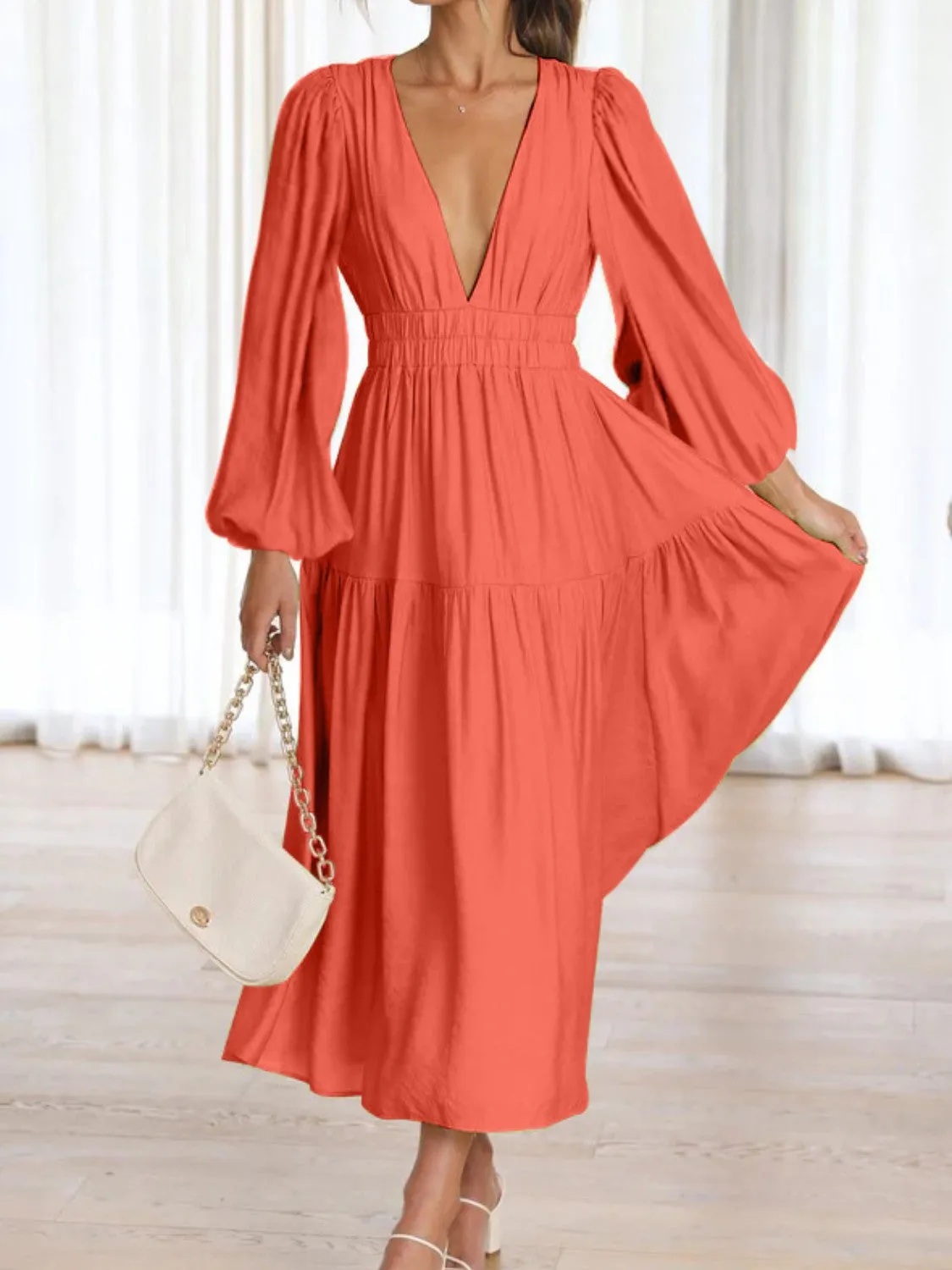 Deep V-Neck Balloon Sleeve Plain Maxi Dress sold by Gigi Laurent product image thumbnail 3