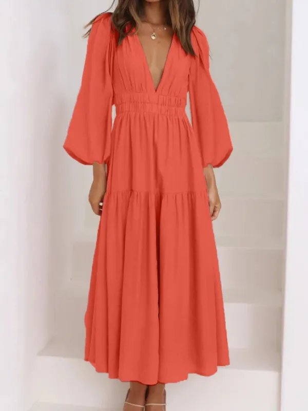 Deep V-Neck Balloon Sleeve Plain Maxi Dress sold by Gigi Laurent