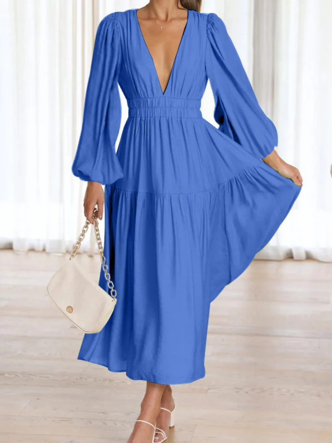 Deep V-Neck Balloon Sleeve Plain Maxi Dress sold by Gigi Laurent product image thumbnail 5
