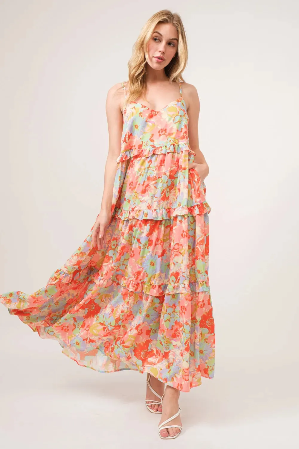 And The Why Floral Ruffled Tiered Maxi Adjustable Strap Cami Dress sold by Gigi Laurent