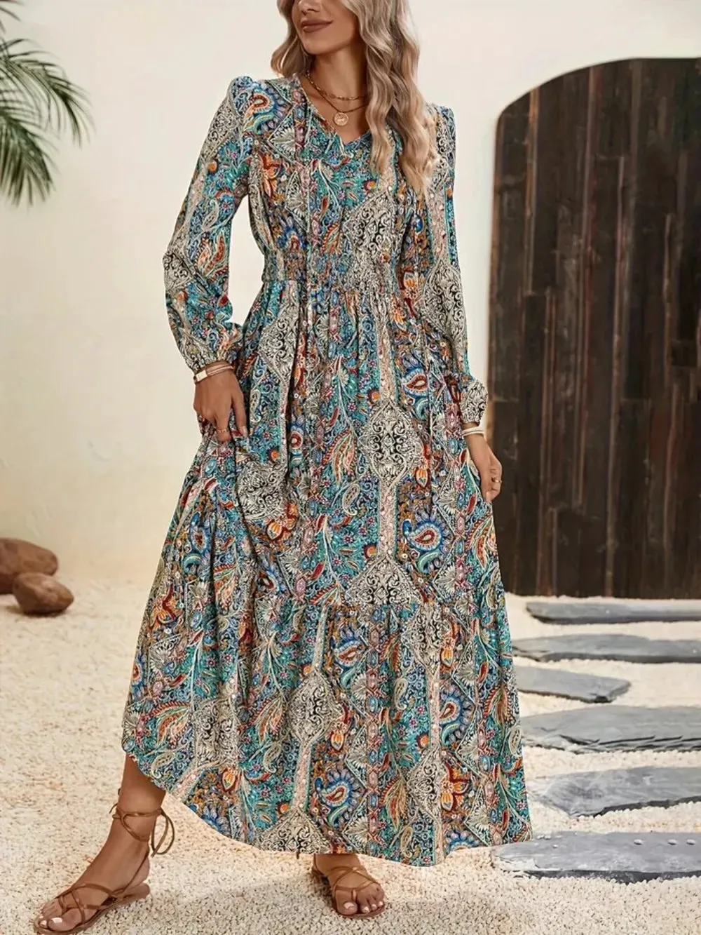 Printed Tie Neck Long Sleeve Maxi Dress sold by Gigi Laurent