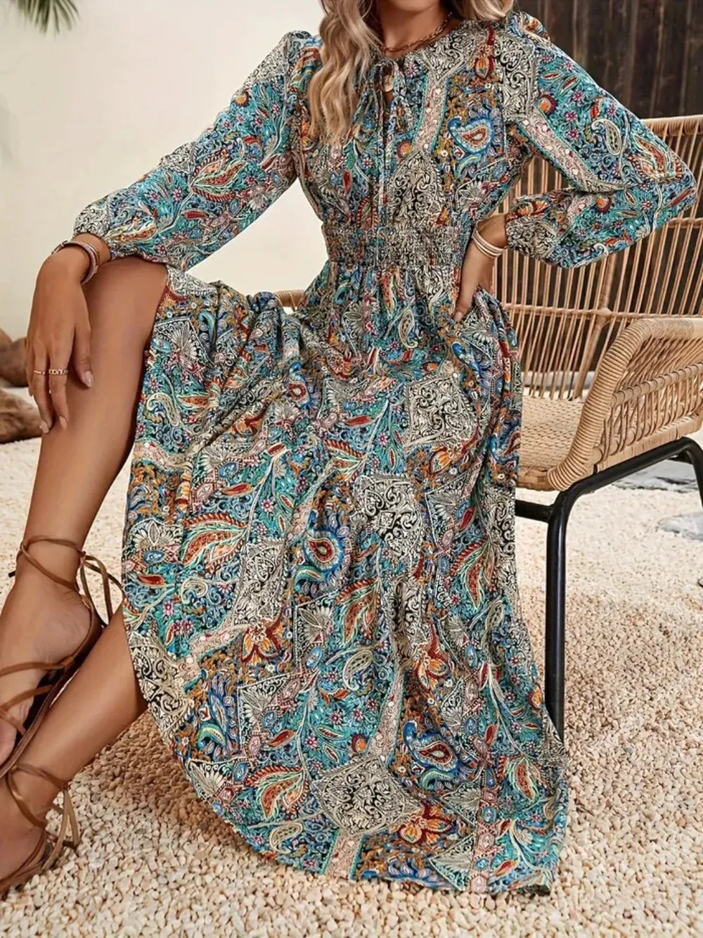 Printed Tie Neck Long Sleeve Maxi Dress sold by Gigi Laurent product image thumbnail 3