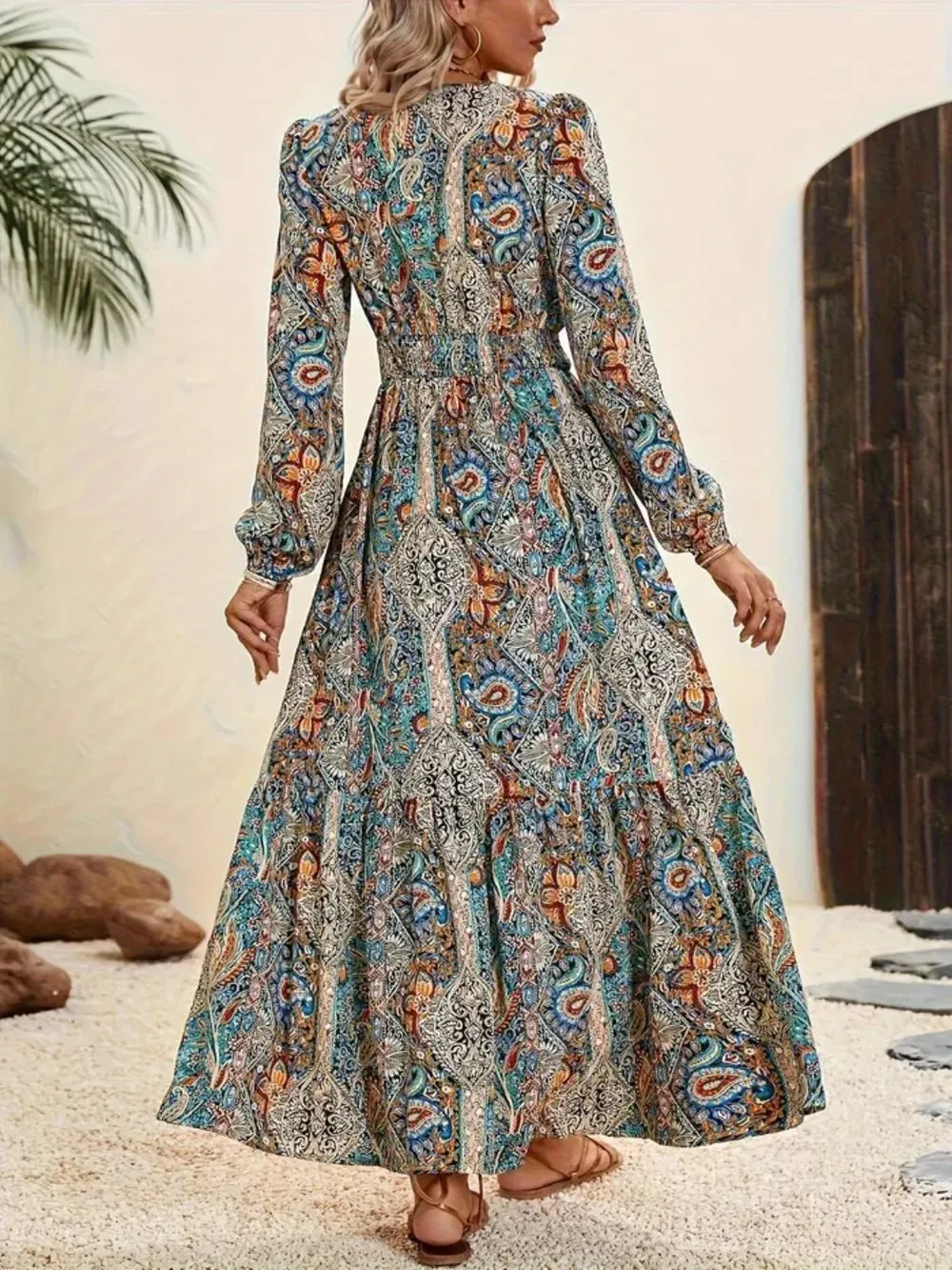 Printed Tie Neck Long Sleeve Maxi Dress sold by Gigi Laurent product image thumbnail 2