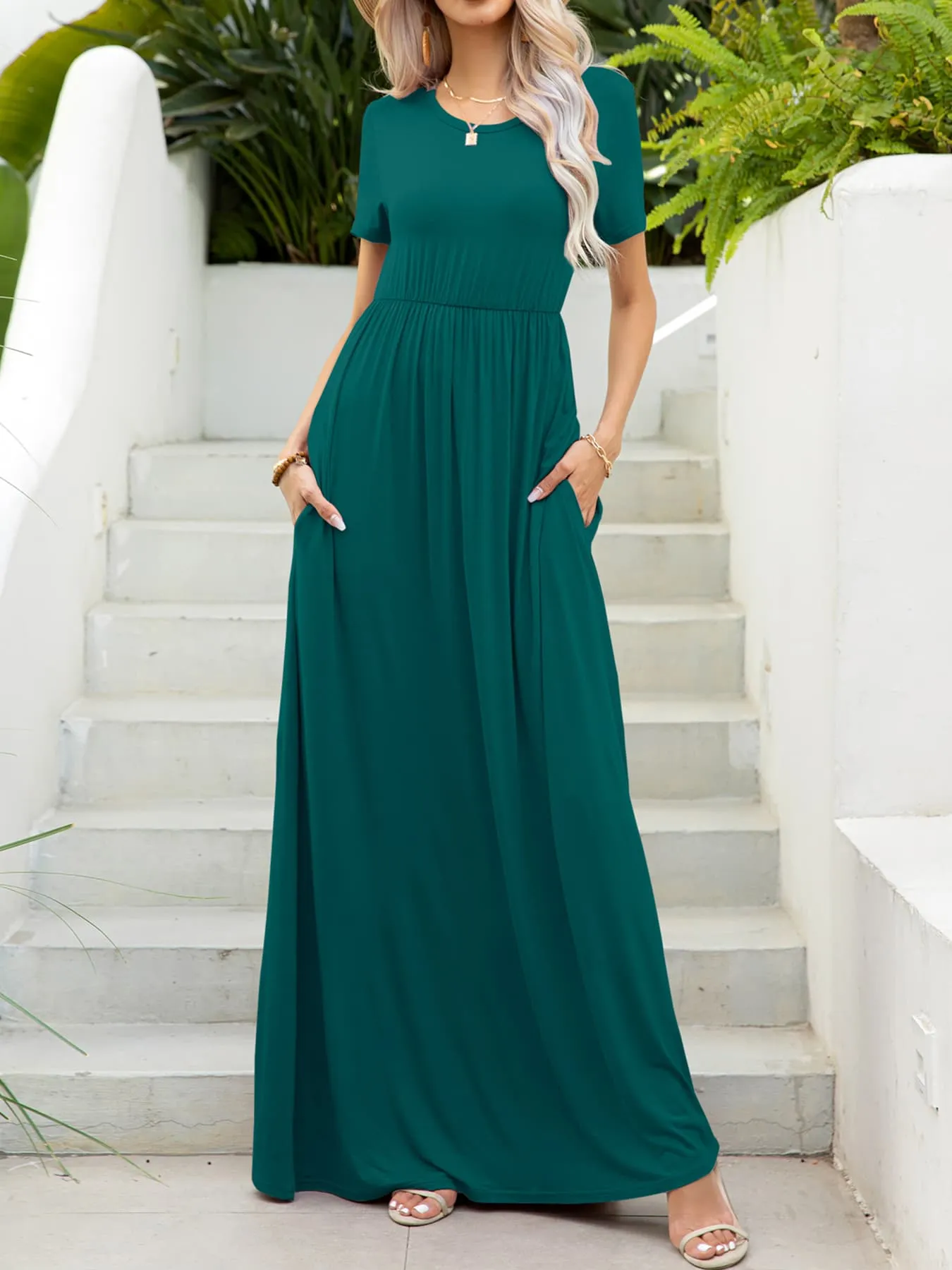 Round Neck Short Sleeve Maxi Dress with Pockets sold by Gigi Laurent