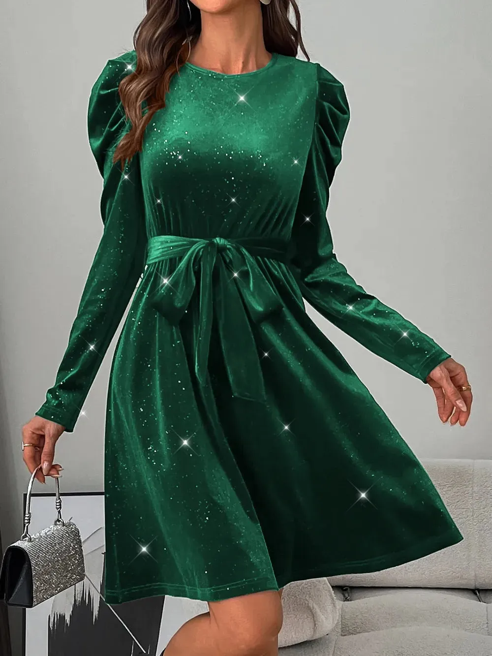 Glitter Round Neck Puff Sleeve Dress sold by Gigi Laurent product image thumbnail 5