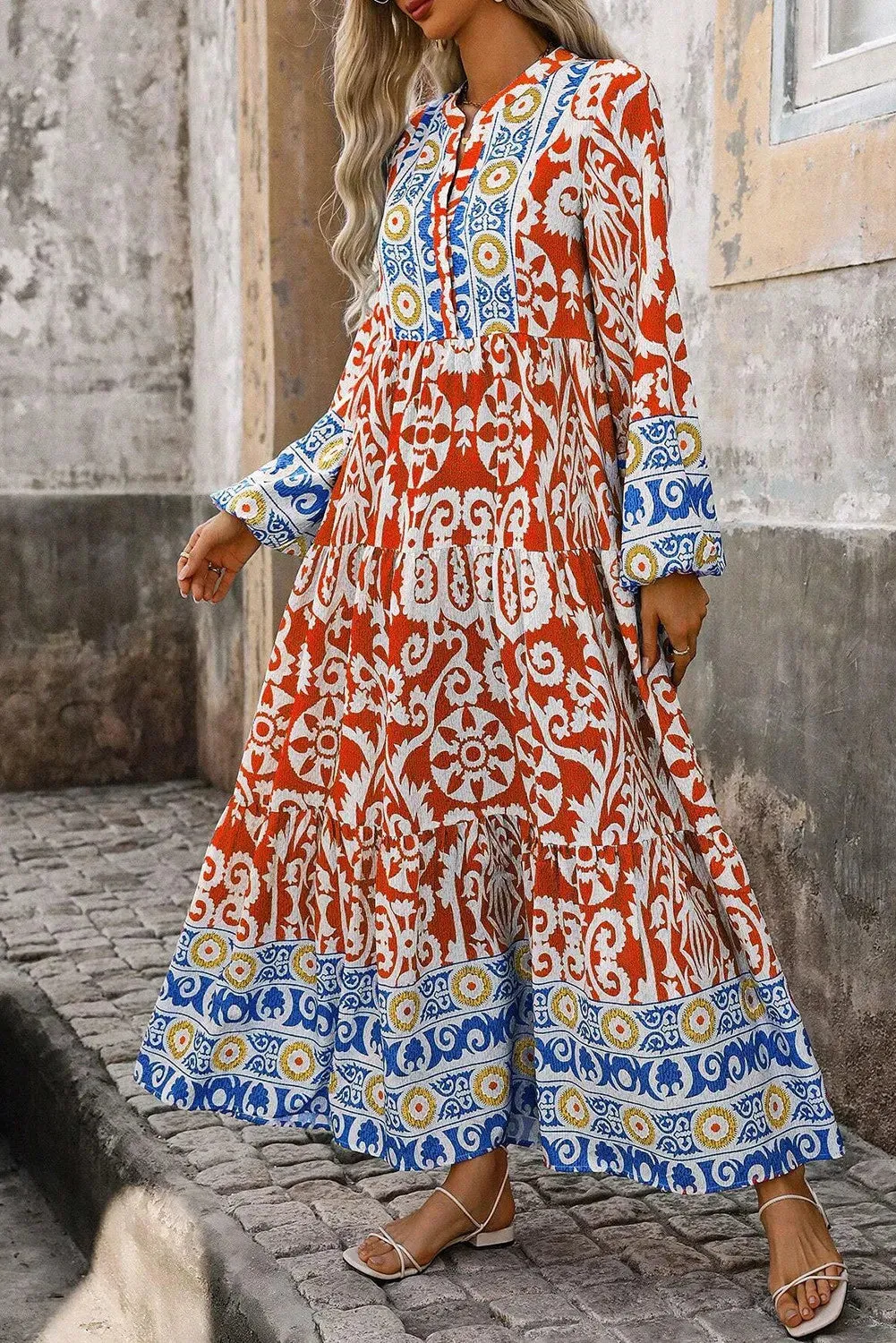 Printed Notched Long Sleeve Maxi Dress sold by Gigi Laurent product image thumbnail 3