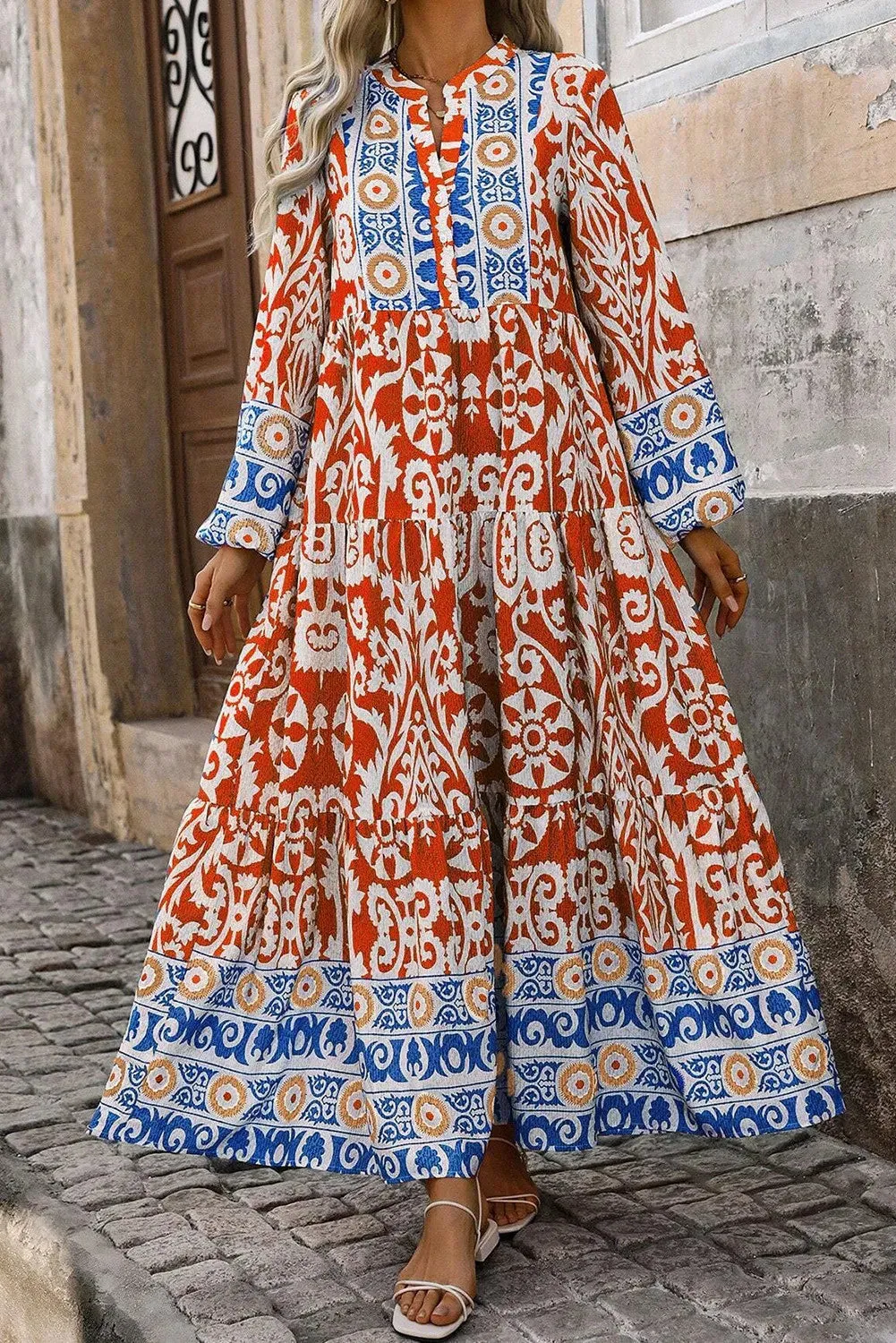 Printed Notched Long Sleeve Maxi Dress sold by Gigi Laurent