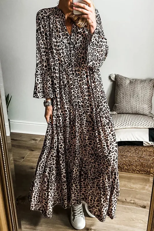 Leopard Notched Long Sleeve Maxi Dress sold by Gigi Laurent