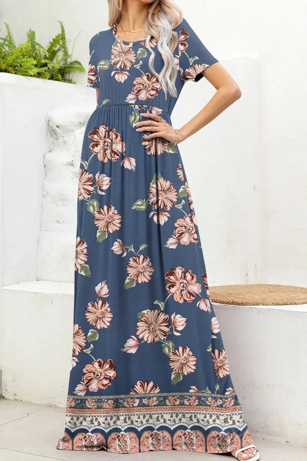Printed Round Neck Short Sleeve Maxi Dress sold by Gigi Laurent product image thumbnail 3