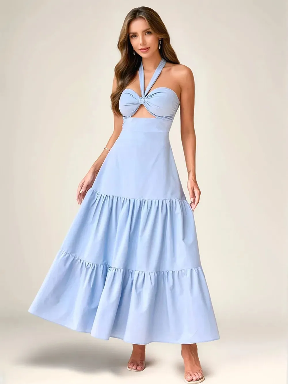 Twist Front Cutout Tiered Maxi Dress sold by Gigi Laurent