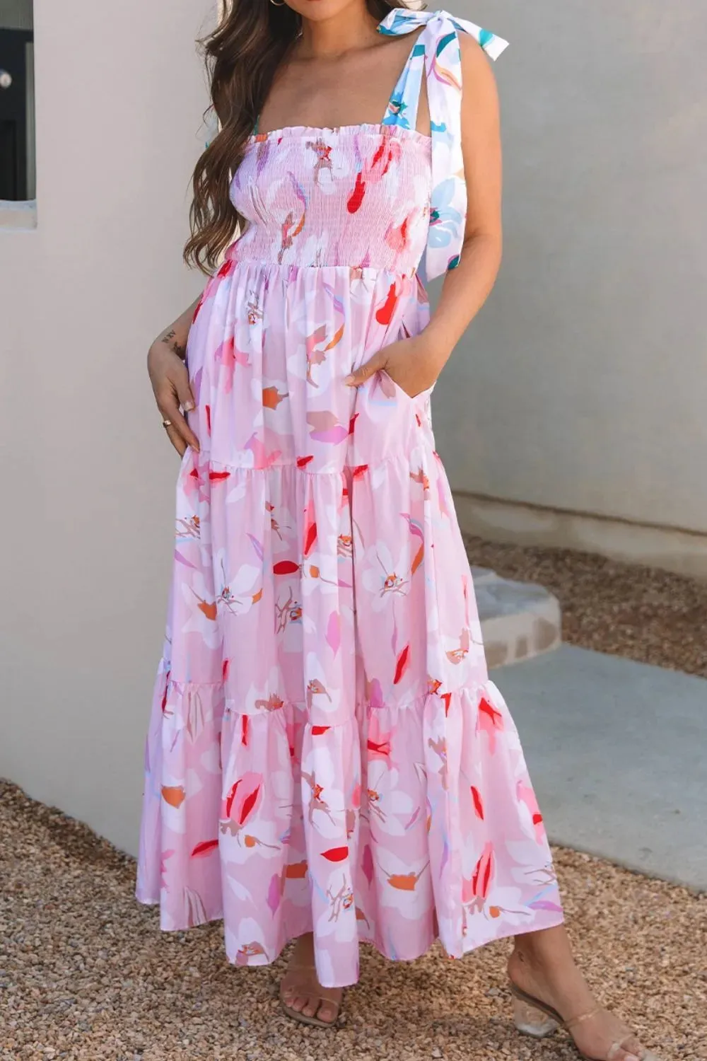 Floral Print Knotted Shoulder Smocked Maxi Dress sold by Gigi Laurent product image thumbnail 4