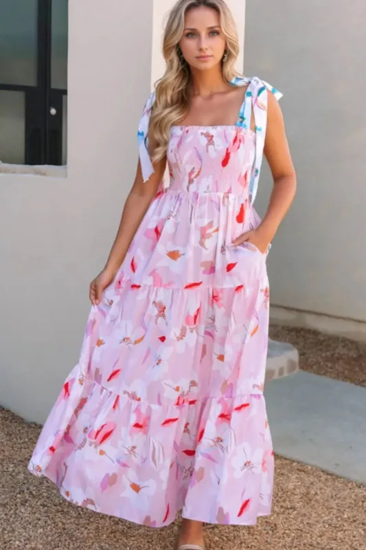 Floral Print Knotted Shoulder Smocked Maxi Dress sold by Gigi Laurent