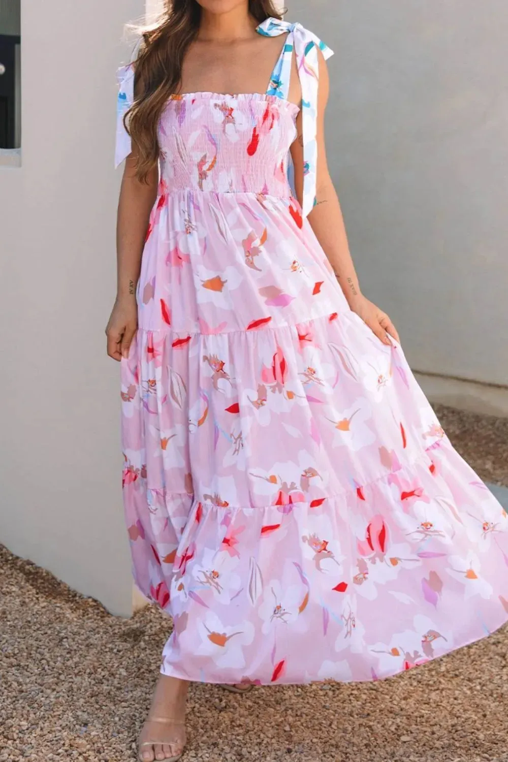 Floral Print Knotted Shoulder Smocked Maxi Dress sold by Gigi Laurent product image thumbnail 2