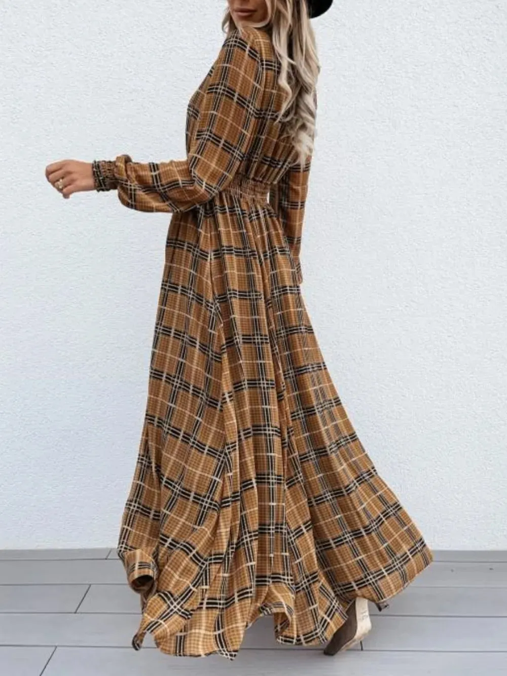 Slit Plaid Tie Neck Long Sleeve Maxi Dress sold by Gigi Laurent product image thumbnail 3