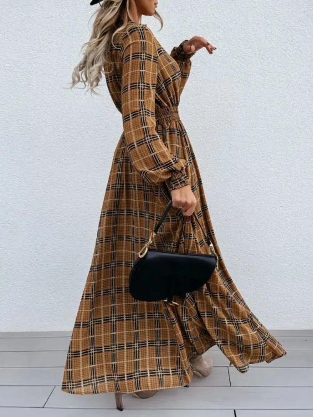 Slit Plaid Tie Neck Long Sleeve Maxi Dress sold by Gigi Laurent product image thumbnail 2