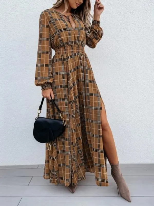 Slit Plaid Tie Neck Long Sleeve Maxi Dress sold by Gigi Laurent