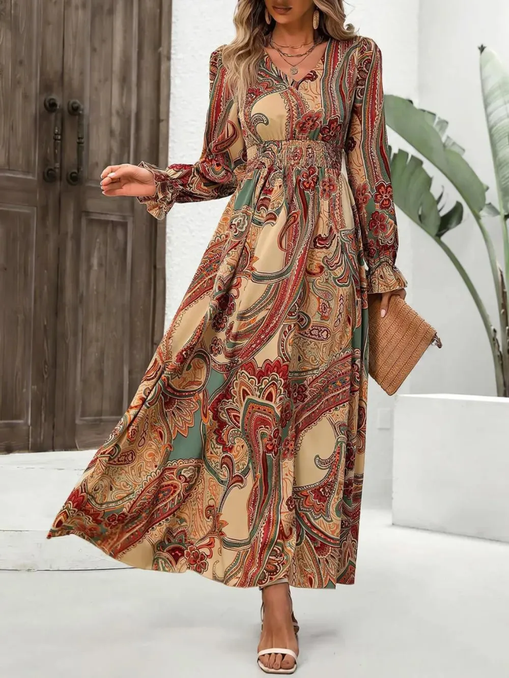 Smocked Printed V-Neck Flounce Sleeve Dress sold by Gigi Laurent