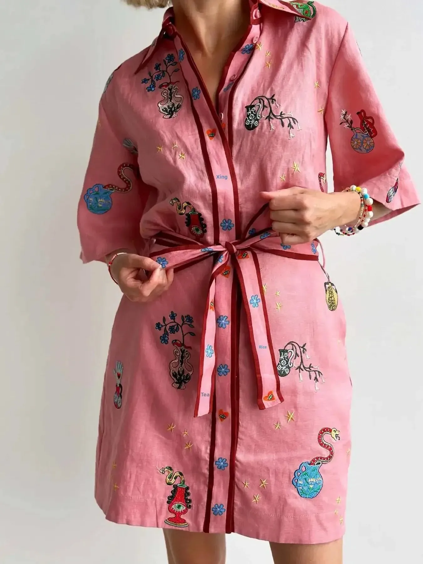 Embroidered Tie Waist Shirt Dress sold by Gigi Laurent product image thumbnail 4