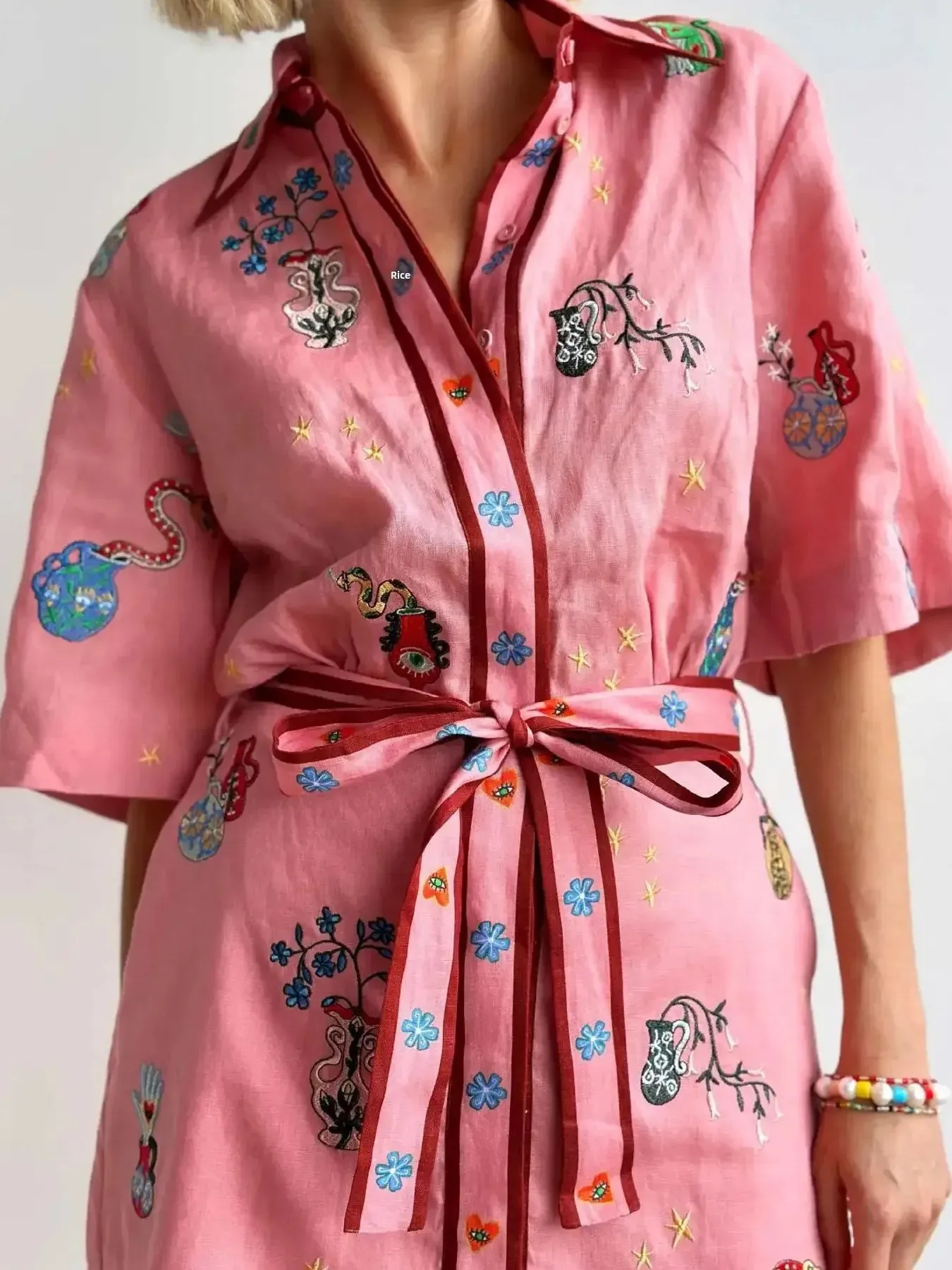 Embroidered Tie Waist Shirt Dress sold by Gigi Laurent product image thumbnail 2