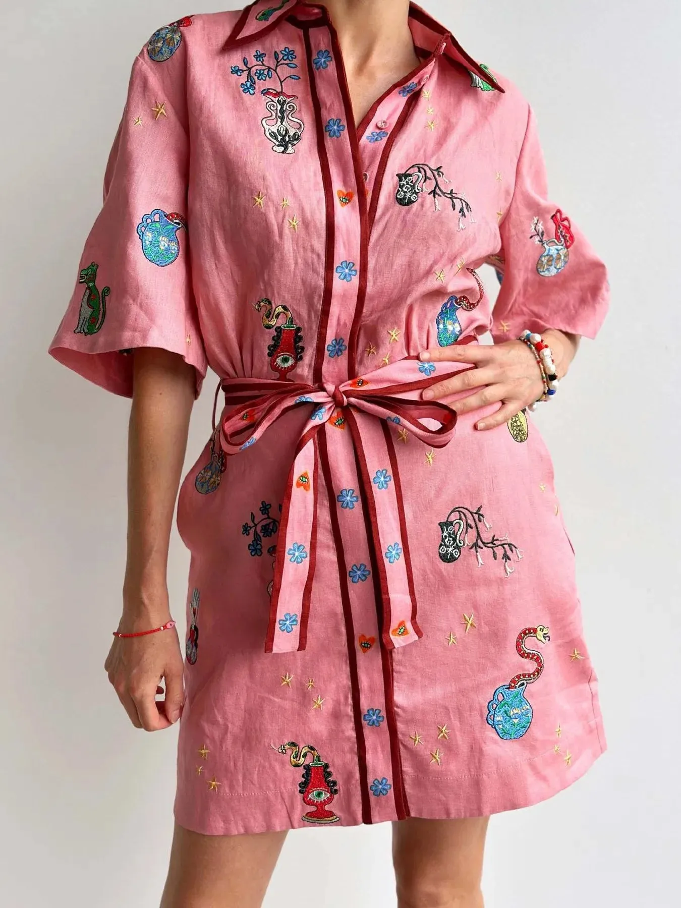 Embroidered Tie Waist Shirt Dress sold by Gigi Laurent