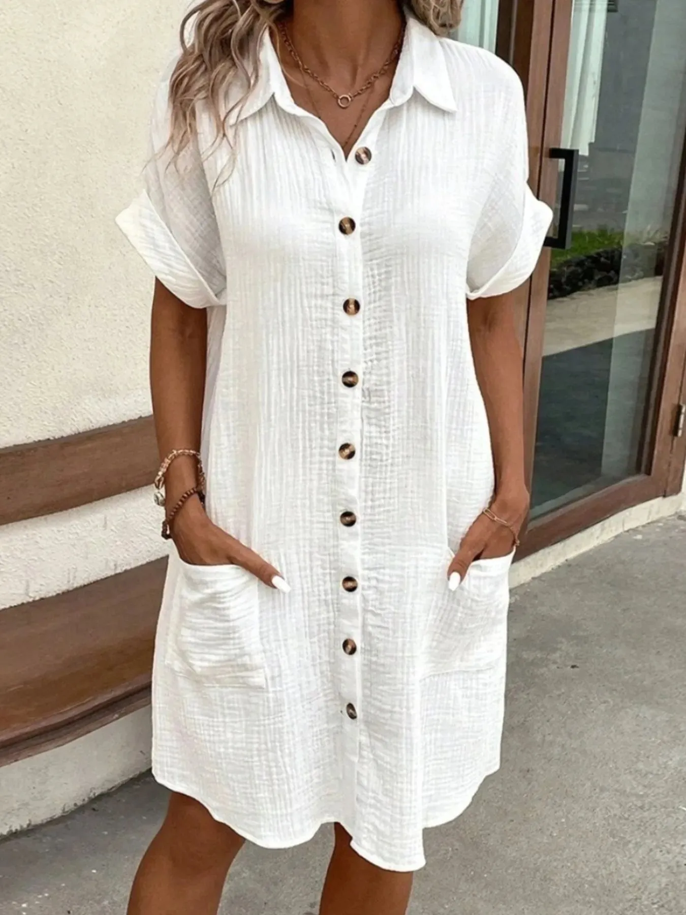 Casual Button Down Cotton Shirt Dress with Pockets sold by Gigi Laurent