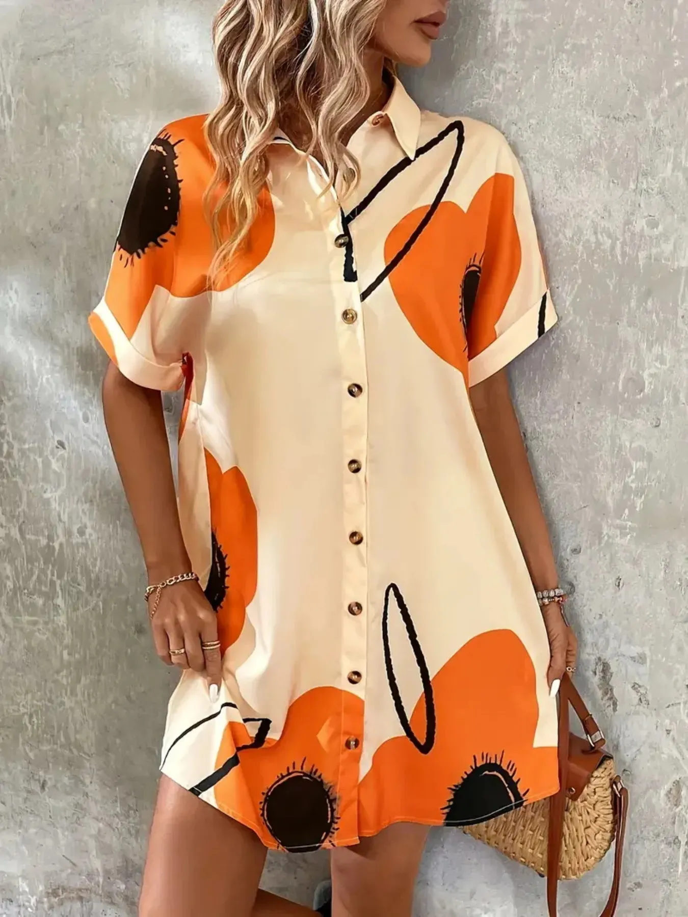 Printed Button-Front Shirt Dress sold by Gigi Laurent