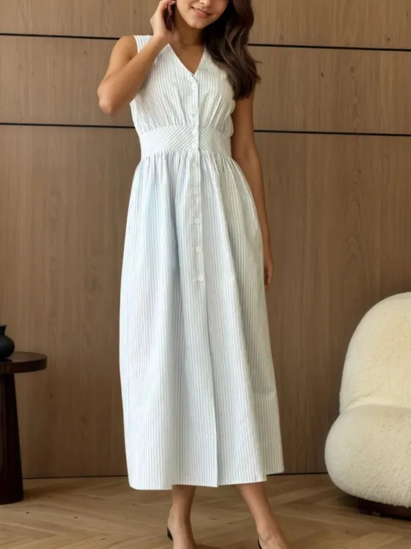 Striped V-Neck Sleeveless Midi Dress sold by Gigi Laurent