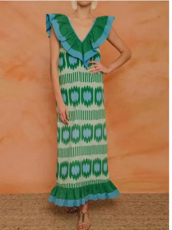 Ruffled V-Neck Printed Maxi Dress made by Gigi Laurent