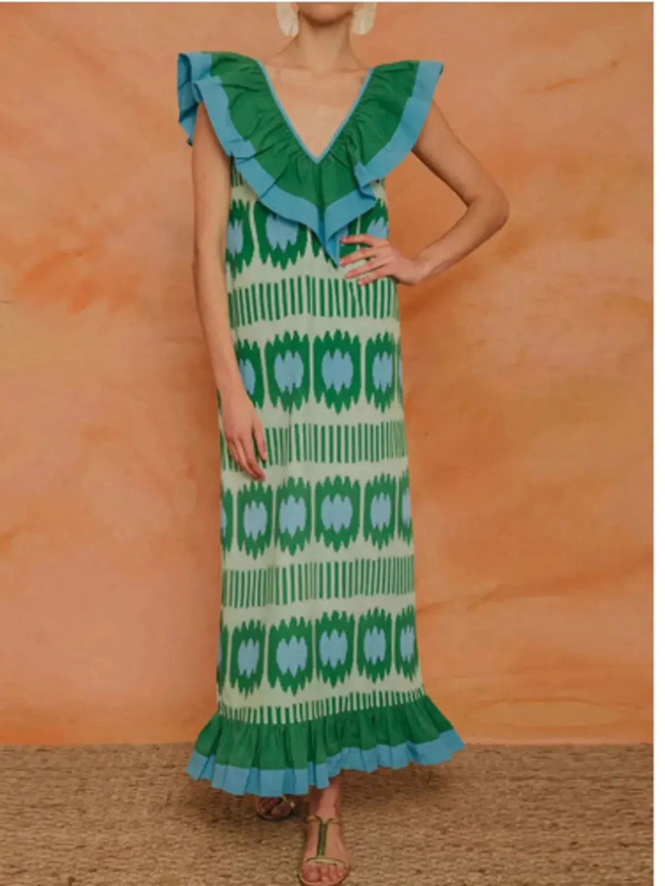 Ruffled V-Neck Printed Maxi Dress sold by Gigi Laurent