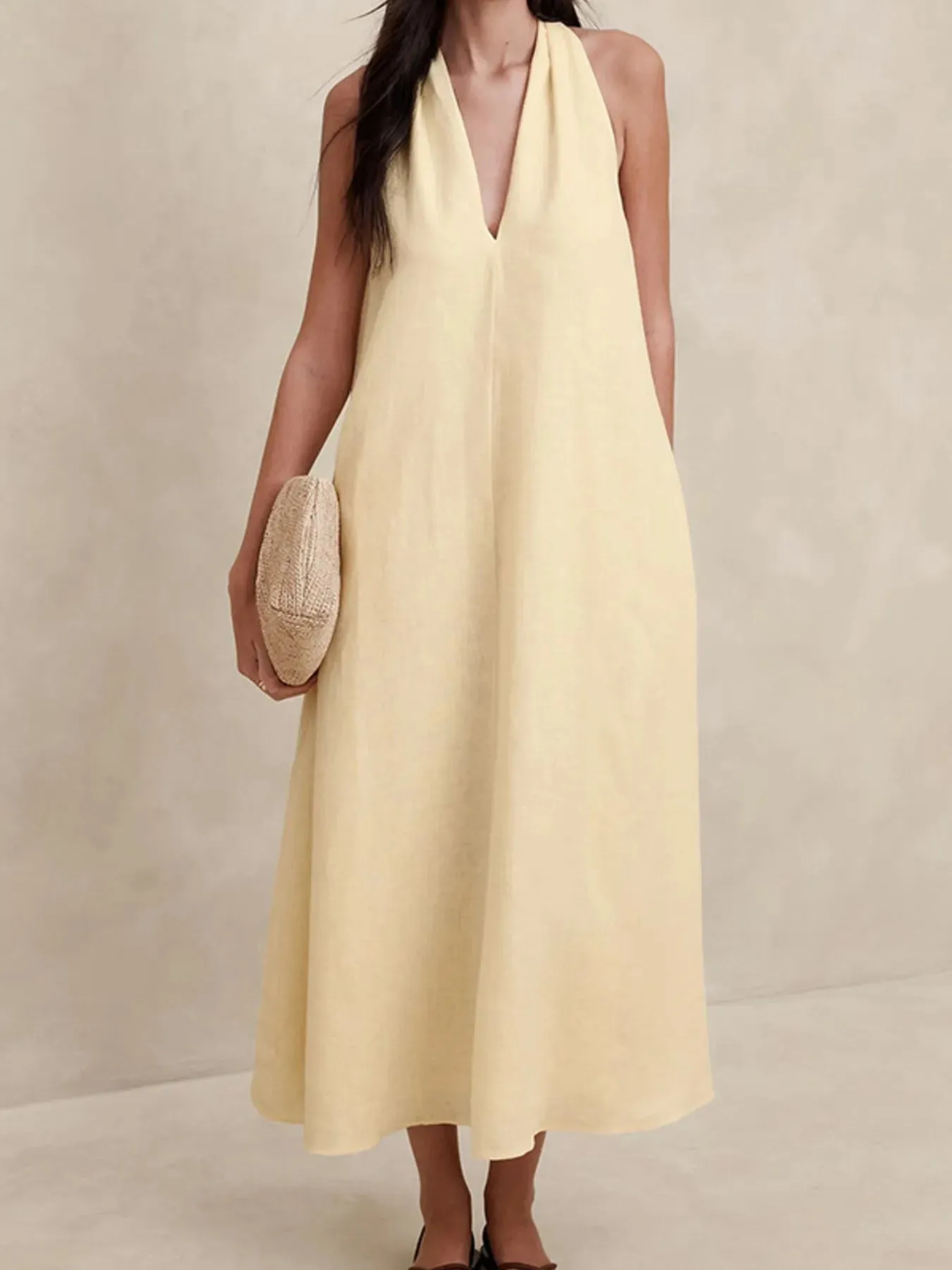 Halter V-Neck Linen Midi Dress sold by Gigi Laurent product image thumbnail 4