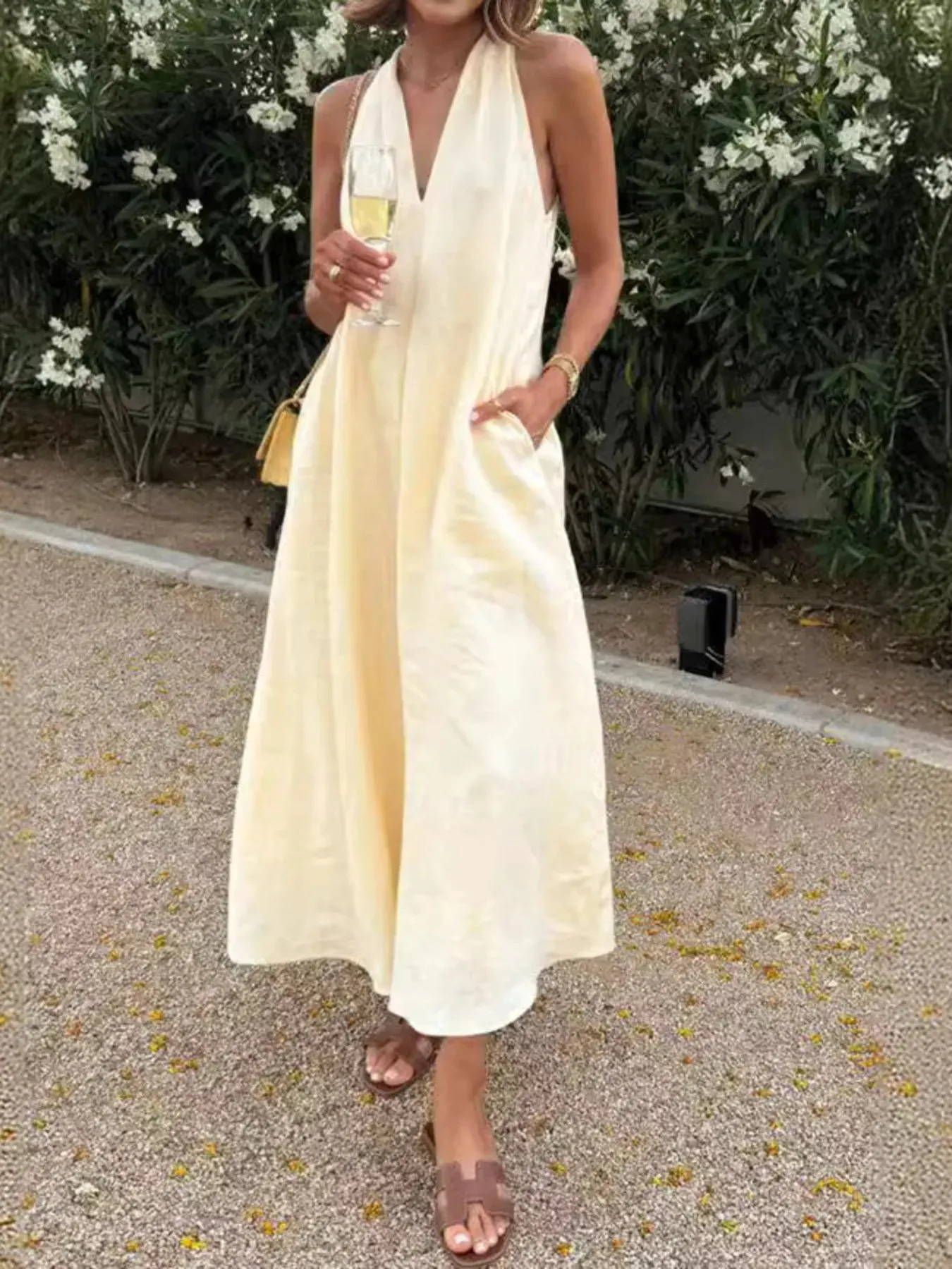 Halter V-Neck Linen Midi Dress sold by Gigi Laurent product image thumbnail 2