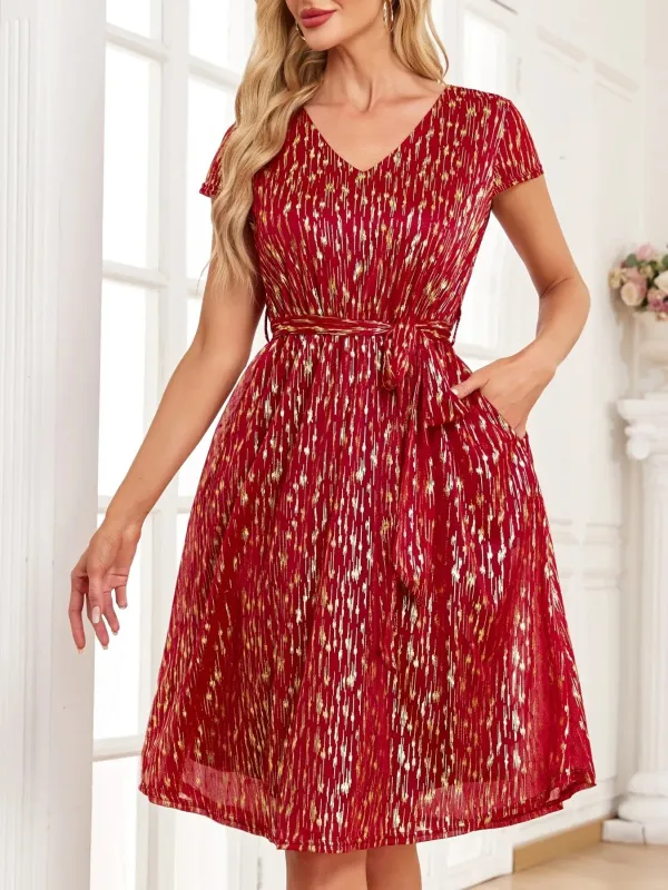 V-Neck Metallic Print Dress sold by Gigi Laurent