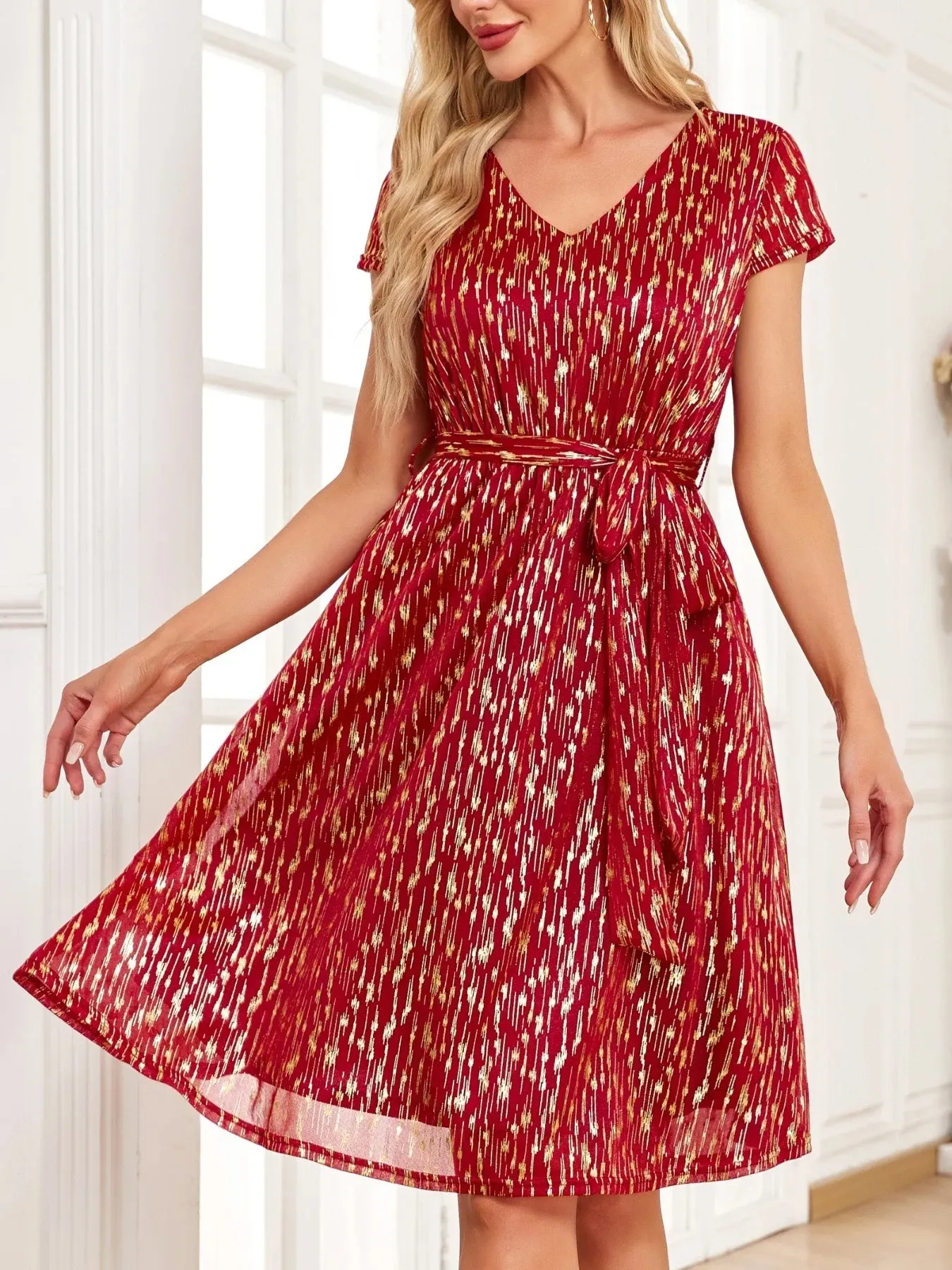 V-Neck Metallic Print Dress sold by Gigi Laurent product image thumbnail 2