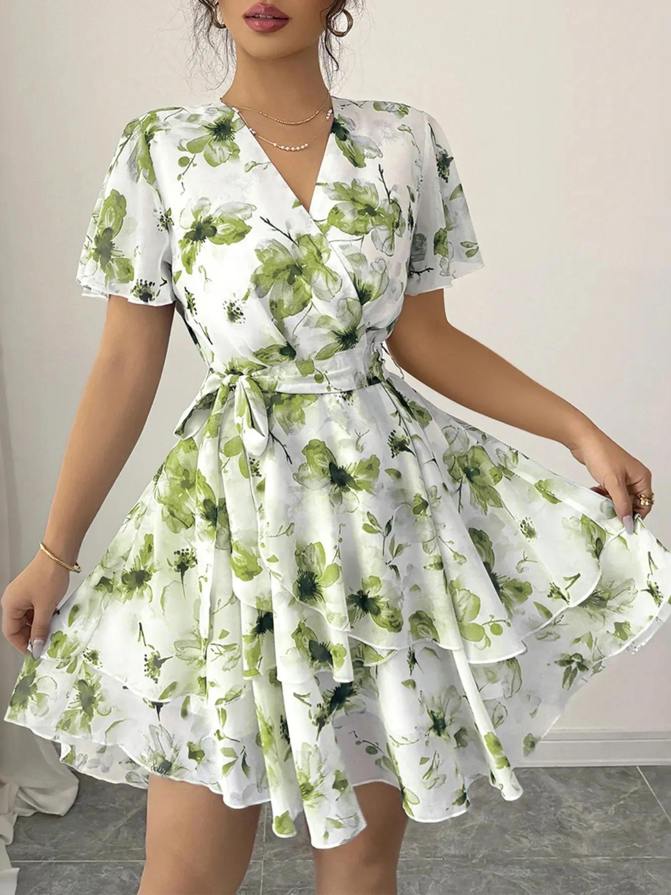 Printed Surplice Layered Mini Dress sold by Gigi Laurent product image thumbnail 5