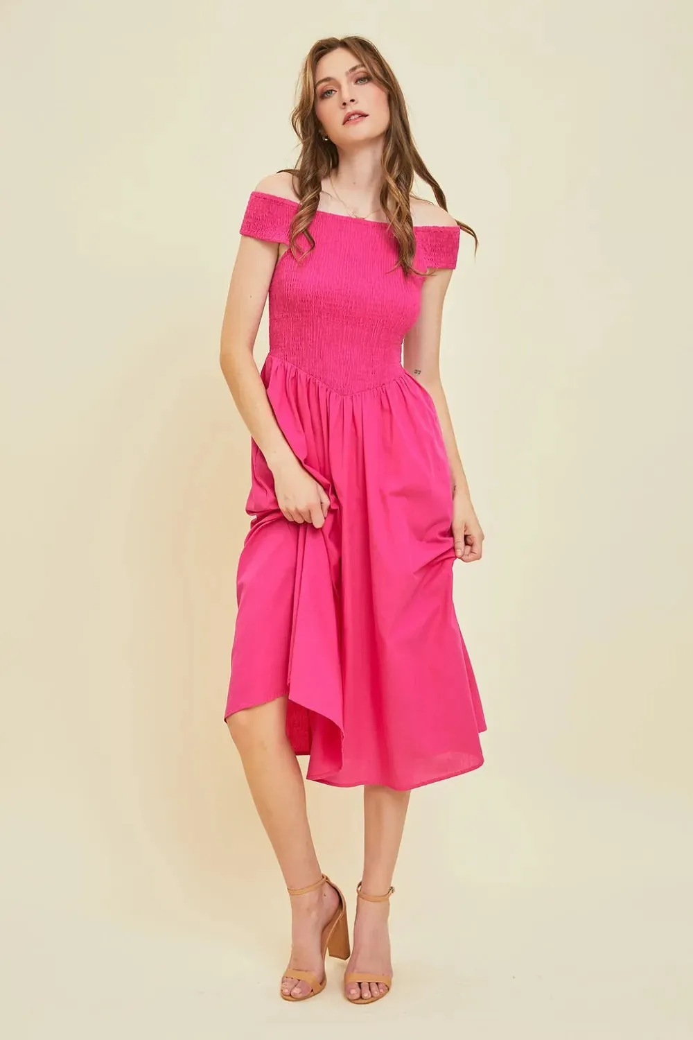HEYSON Off-Shoulder Smocked Midi Dress sold by Gigi Laurent product image thumbnail 4