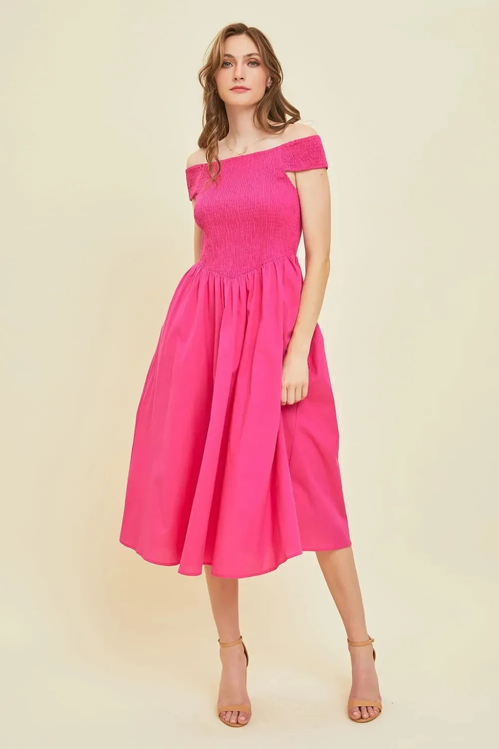 HEYSON Off-Shoulder Smocked Midi Dress sold by Gigi Laurent