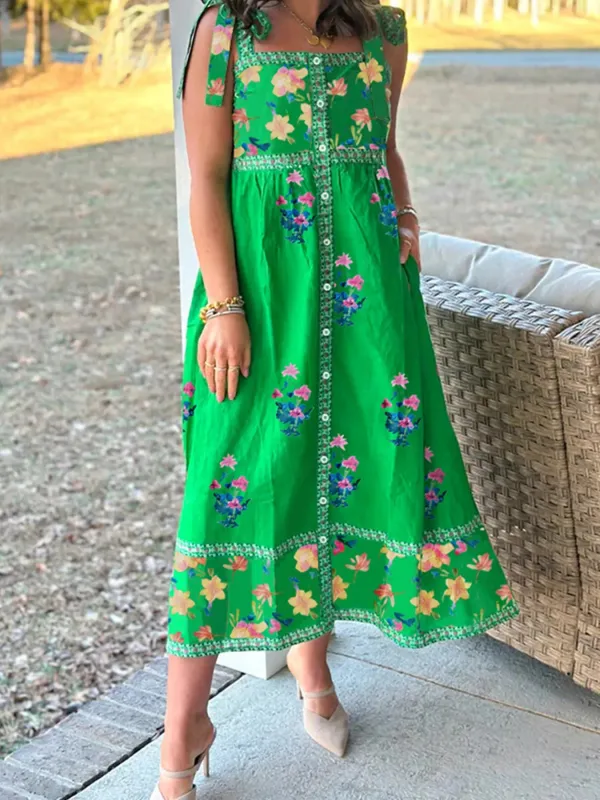 Printed Tie Shoulder Midi Dress sold by Gigi Laurent