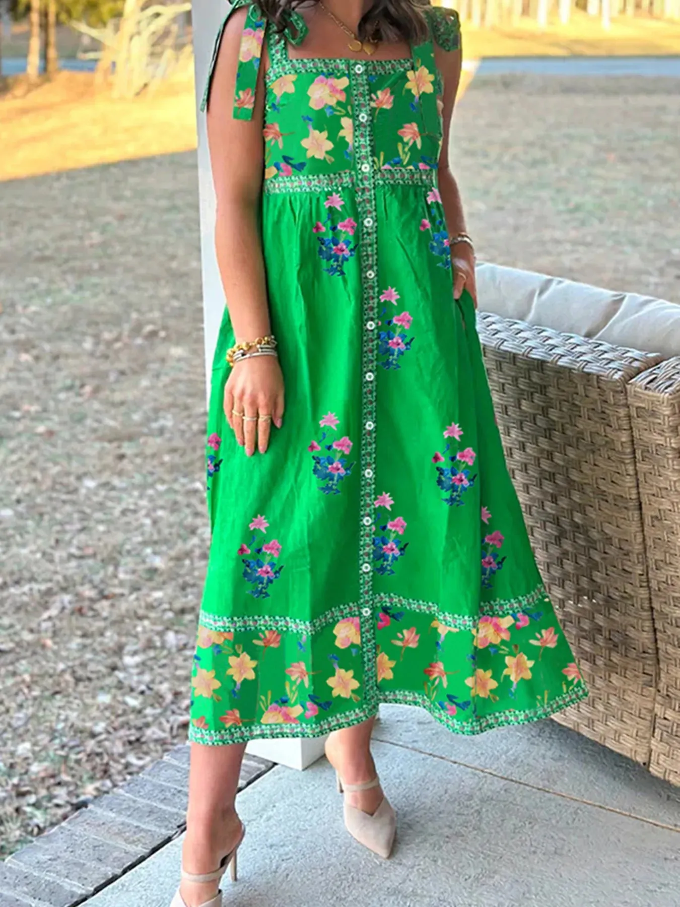 Printed Tie Shoulder Midi Dress sold by Gigi Laurent