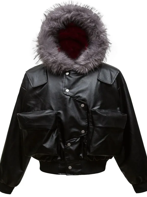 Men's Leather Bomber Jacket with Faux Fur Hood sold by Gigi Laurent