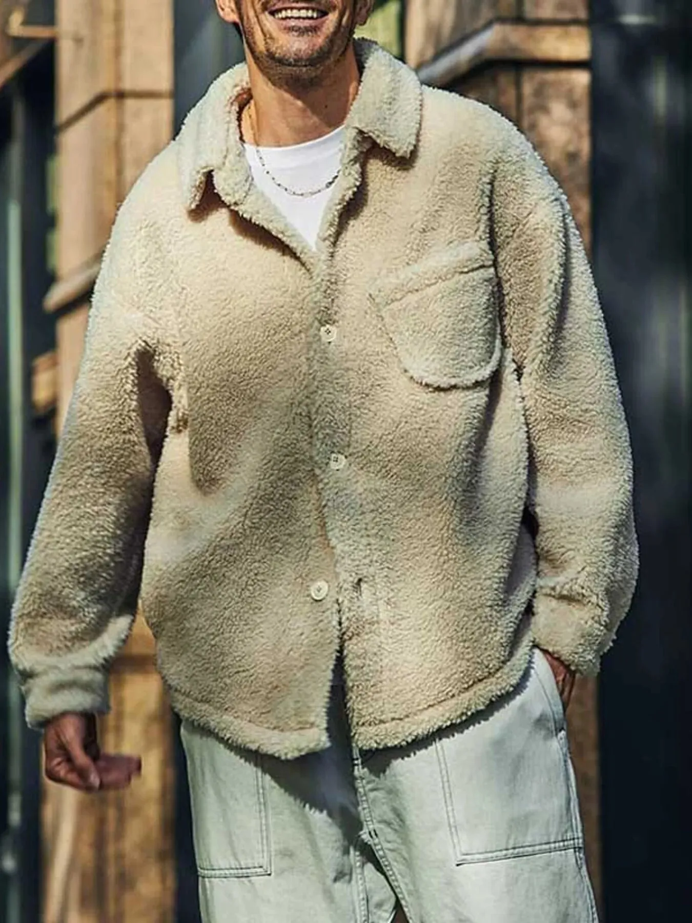 Men's Full Size Button Up Drop Shoulder Sherpa Jacket Plus Size sold by Gigi Laurent product image thumbnail 4