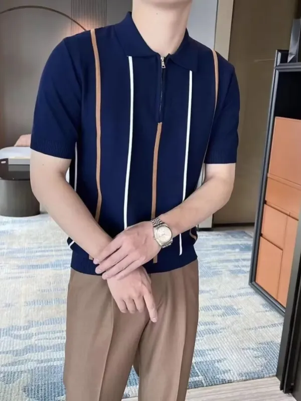 Men's Full Size Striped Zip Collar Short Sleeve Knit Polo Shirt Plus Size sold by Gigi Laurent